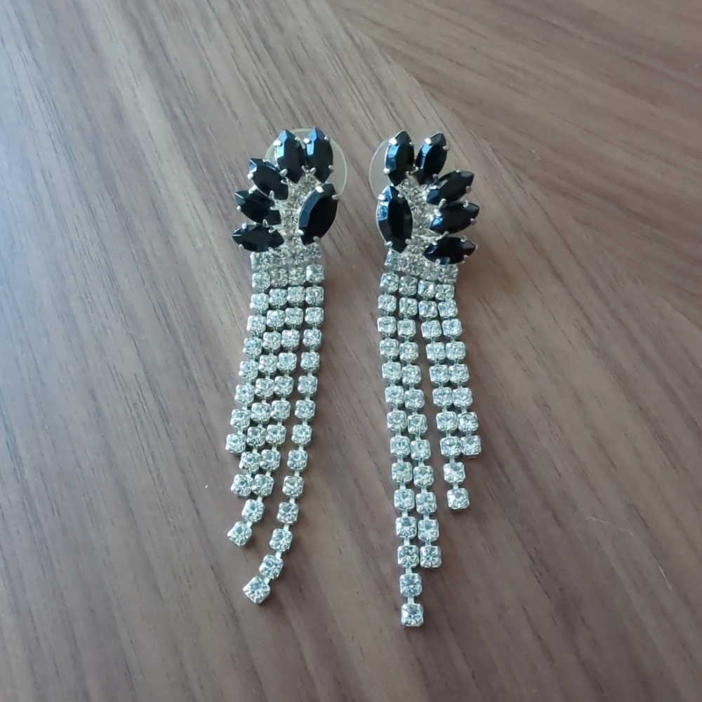 Rare! True Vintage 1980s Black Marquise Rhinestone Clear Cascade Earrings